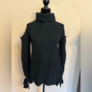 JOA turtleneck cold shoulder sweater with flared sleeves with bow ties